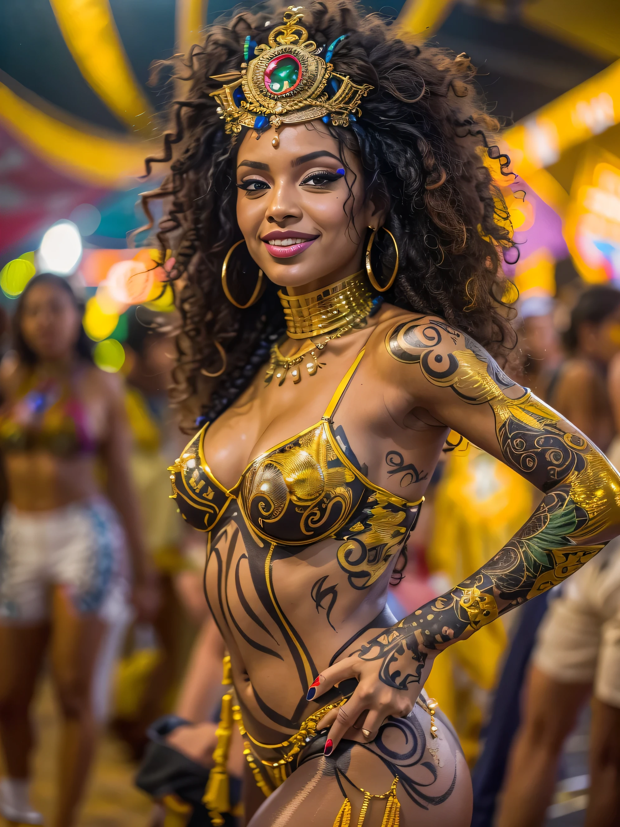 Amazing and ultra hot Brazilian transgender woman celebrating life in carnival,(bzccostume), bodypaint, ultra hot, she is ultra hot and sexy body, she has amazing figure, delicious round booty,((body painted body1.4)),small natural breast, beautiful gaze, happy smile, curly hair, latina transgender, shemale, sexy shemale, Carnival in Brazil, detailed background, depth in vision