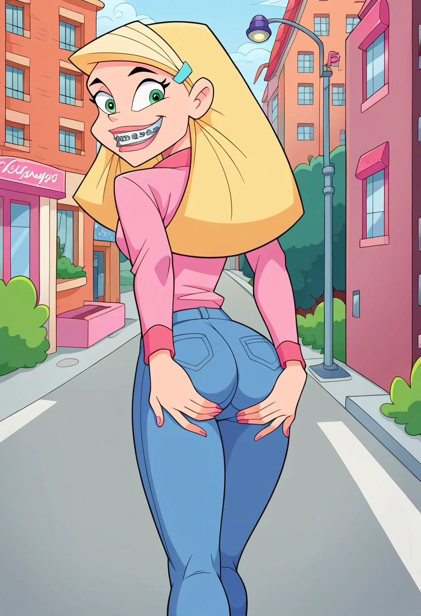 pov, Clover, totally spies, blonde, short hair, blue eyes, bare shoulders, blushing, fat man, inside a train, kneeling, pink pants, red shirt, blowjob