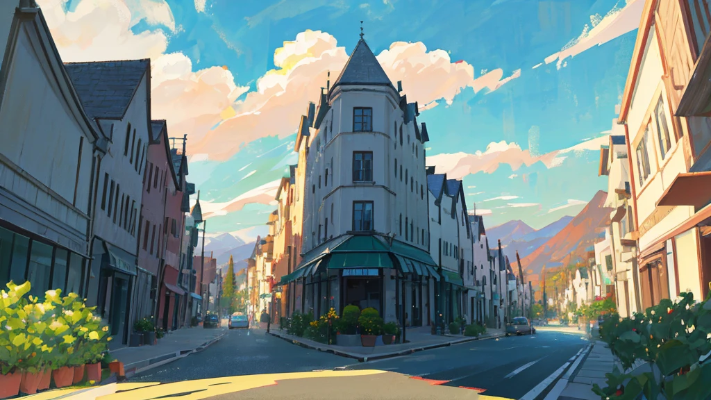 landscape, View from the window, Anime style, Rural, Mountains and clouds in the background,A sky island floating in the air,Quiet town street