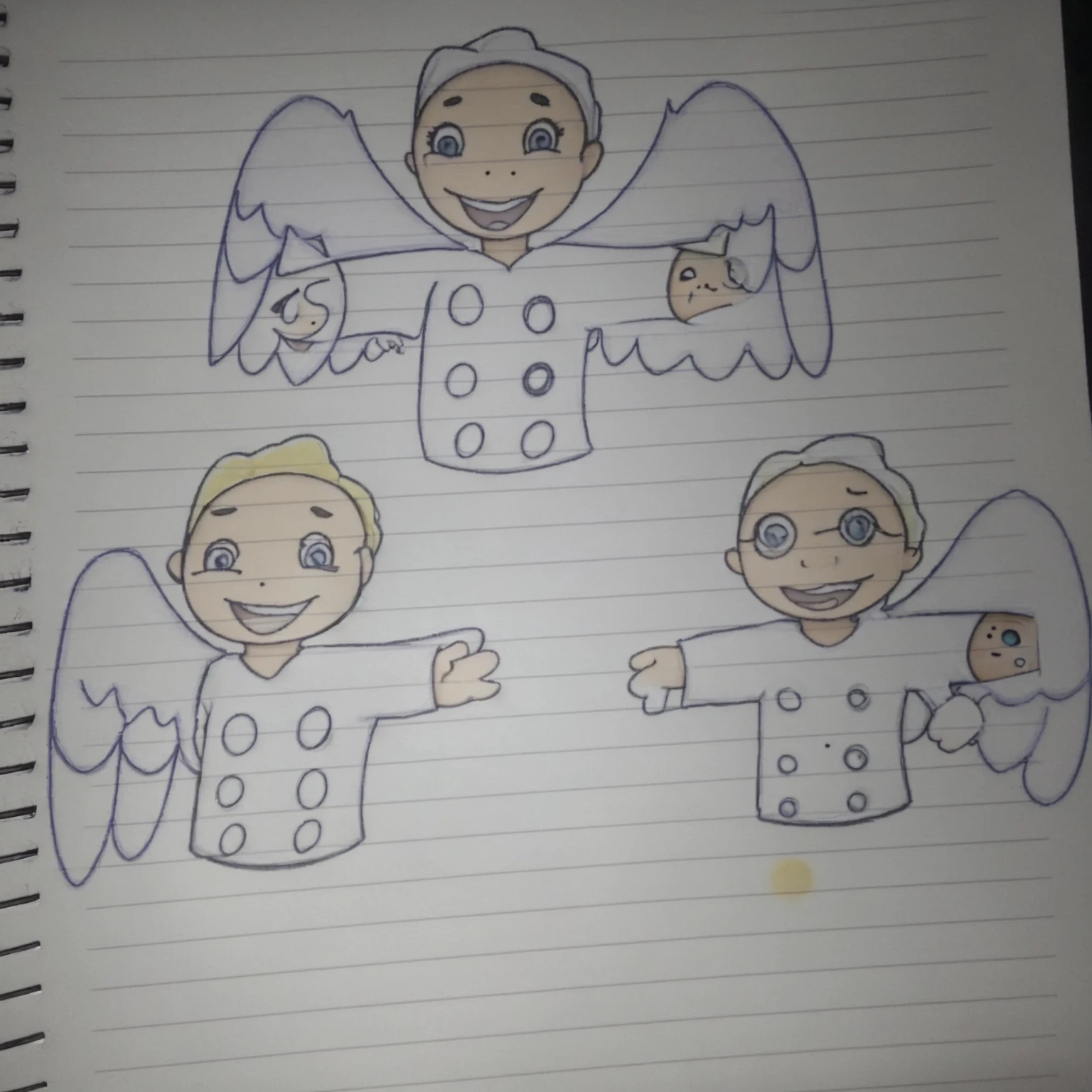 Three angels with disabilities and one with white shirts with circles