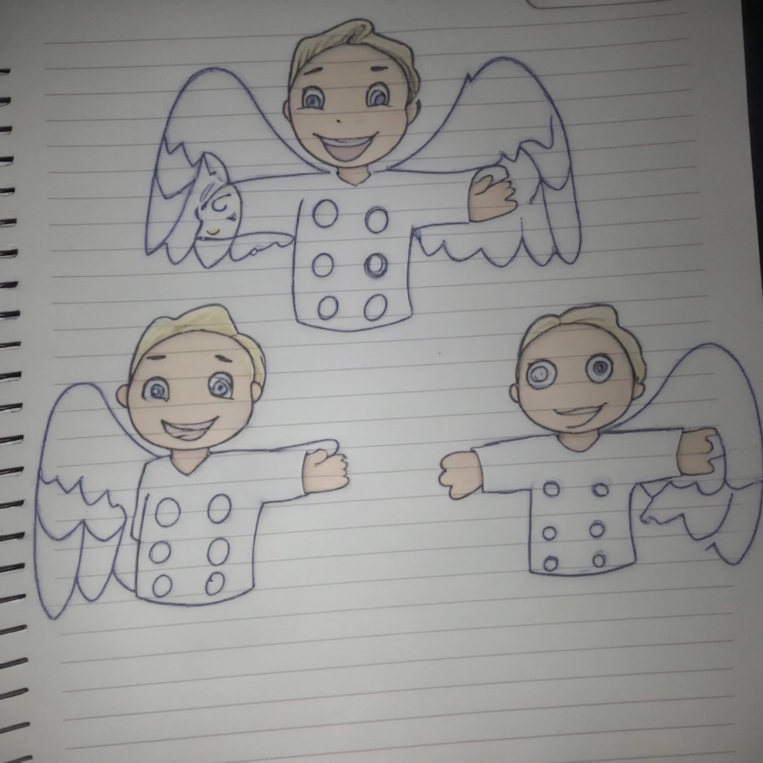 Three angels with disabilities and one with white shirts with circles