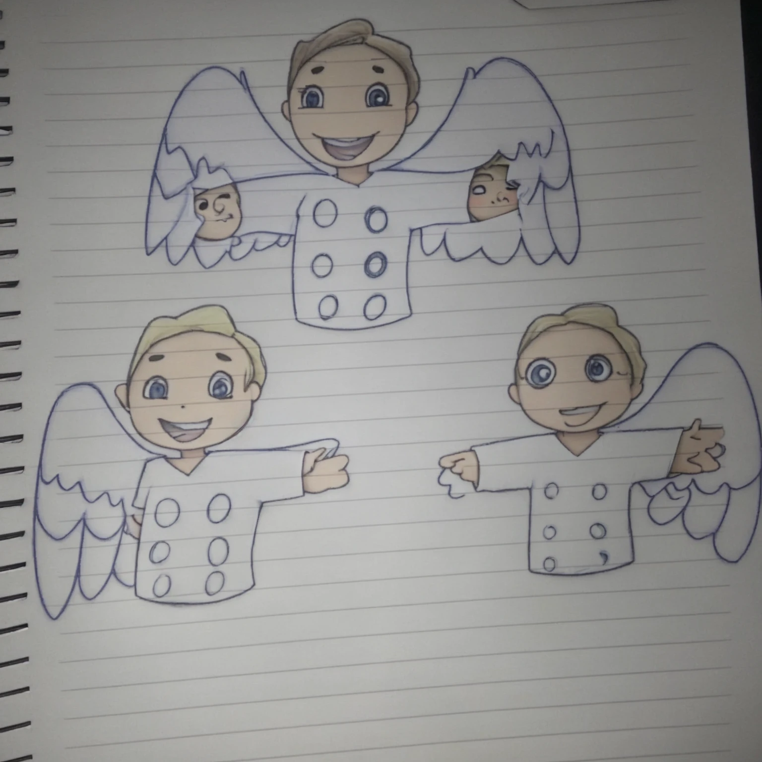 Three angels with disabilities and one with white shirts with circles