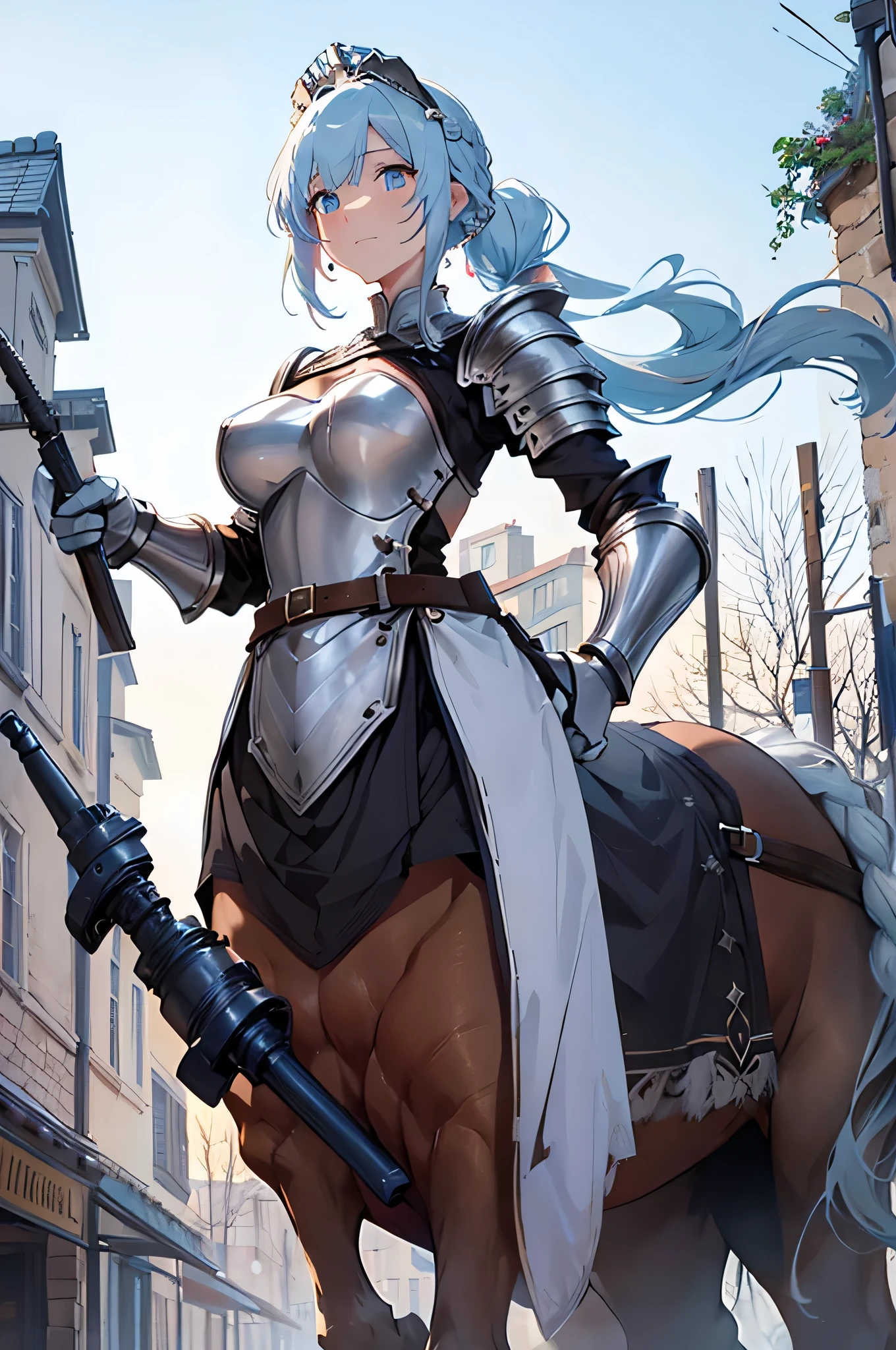 4K,High resolution,One Woman,centaur,White light blue hair,Long Ponytail,Brown fur,Princess Knight,knight dress,knight armor,Heavy Armor,Full Armor,Princess Tiara,hair band,Jewelry decoration,Long sword,Medieval village