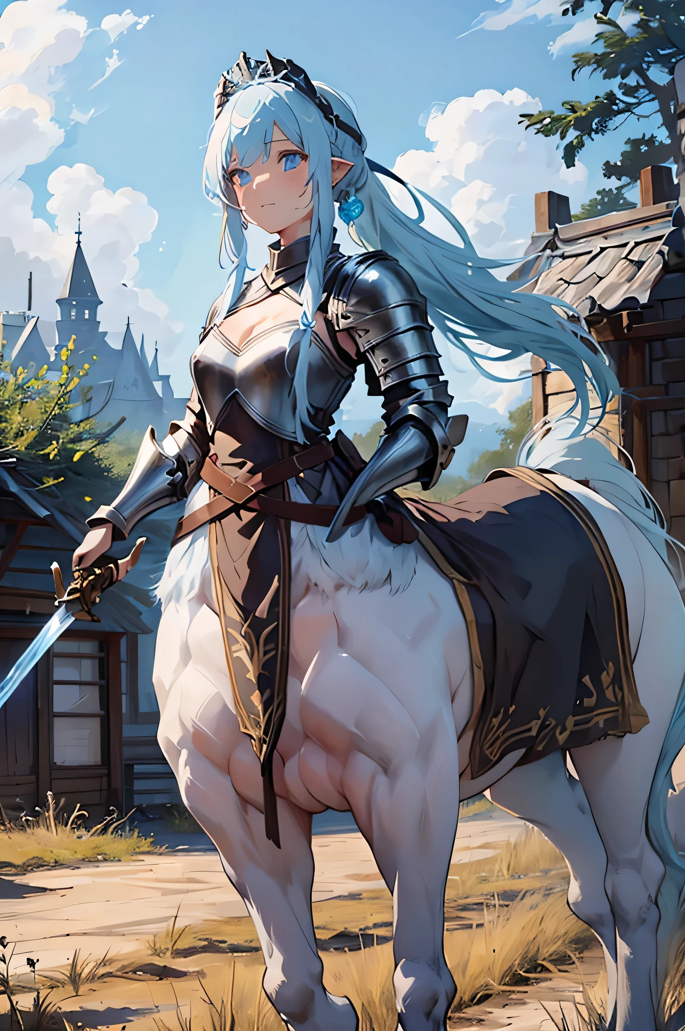 4K,High resolution,One Woman,centaur,White light blue hair,Long Ponytail,Brown fur,Princess Knight,knight dress,knight armor,Heavy Armor,Full Armor,Princess Tiara,hair band,Jewelry decoration,Long sword,Medieval village