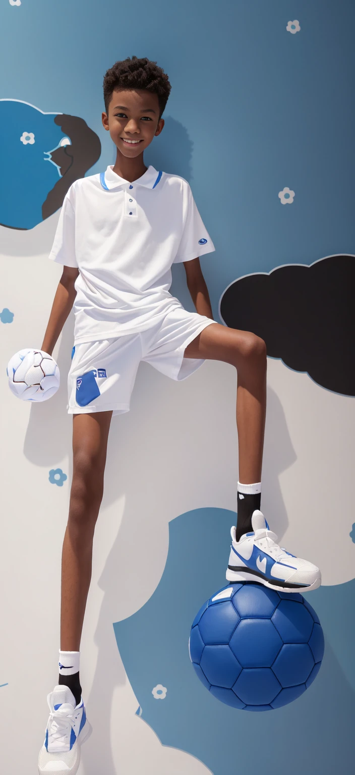  boy，（Wearing white tennis clothes，Black socks on feet），Dark skin，Big round eyes，Very short hair，Tall and skinny，Toothy Smile，Sharpen details，Knee muscle lines，Blue Background