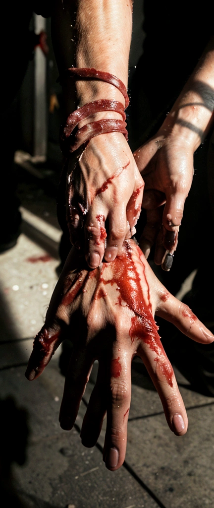 A close-up photograph of a hand with severe, ragged wounds, capturing the aftermath of a traumatic incident. The hand is covered in deep lacerations, blood seeping from the torn flesh. The lighting is harsh, casting dramatic shadows and highlighting the grisly details of the injuries. This image conveys a sense of urgency and the immediate aftermath of a catastrophic event.