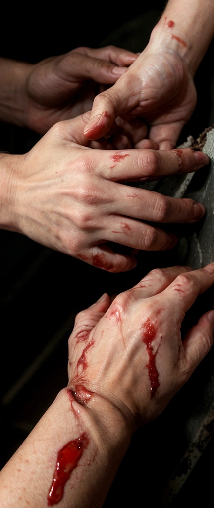 A close-up photograph of a hand with severe, ragged wounds, capturing the aftermath of a traumatic incident. The hand is covered in deep lacerations, blood seeping from the torn flesh. The lighting is harsh, casting dramatic shadows and highlighting the grisly details of the injuries. This image conveys a sense of urgency and the immediate aftermath of a catastrophic event.