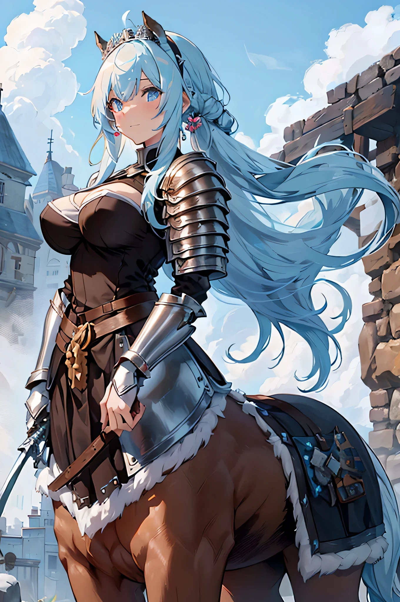 4K,High resolution,One Woman,centaur,White light blue hair,Long Ponytail,Brown fur,Princess Knight,knight dress,knight armor,Heavy Armor,Full Armor,Princess Tiara,hair band,Jewelry decoration,Long sword,Medieval village