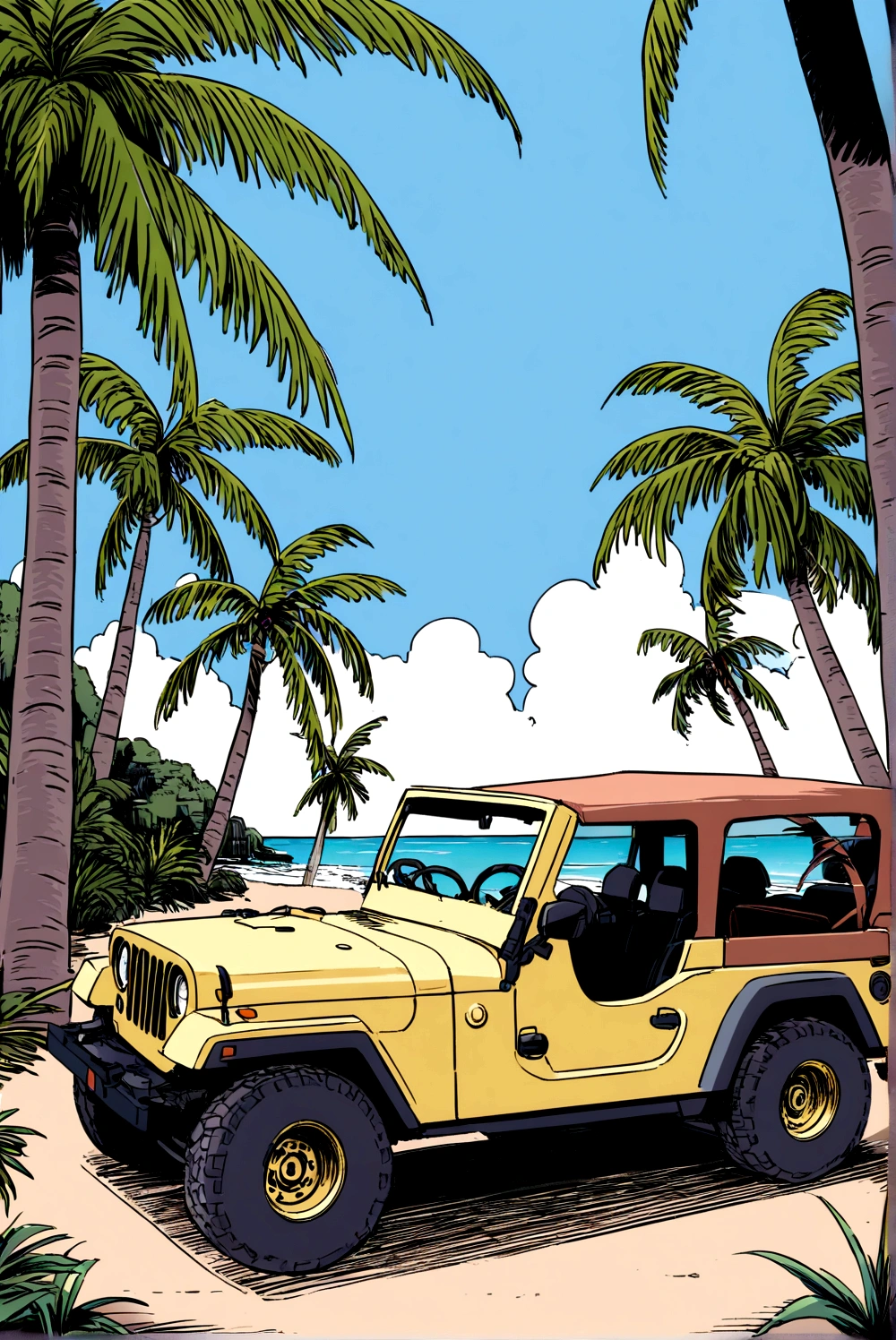 Above the upper half of the picture is a large expanse of blue sky, jeep, Palm tree,5 colors, Beach,Hawaiian style,Summer style,Bikini