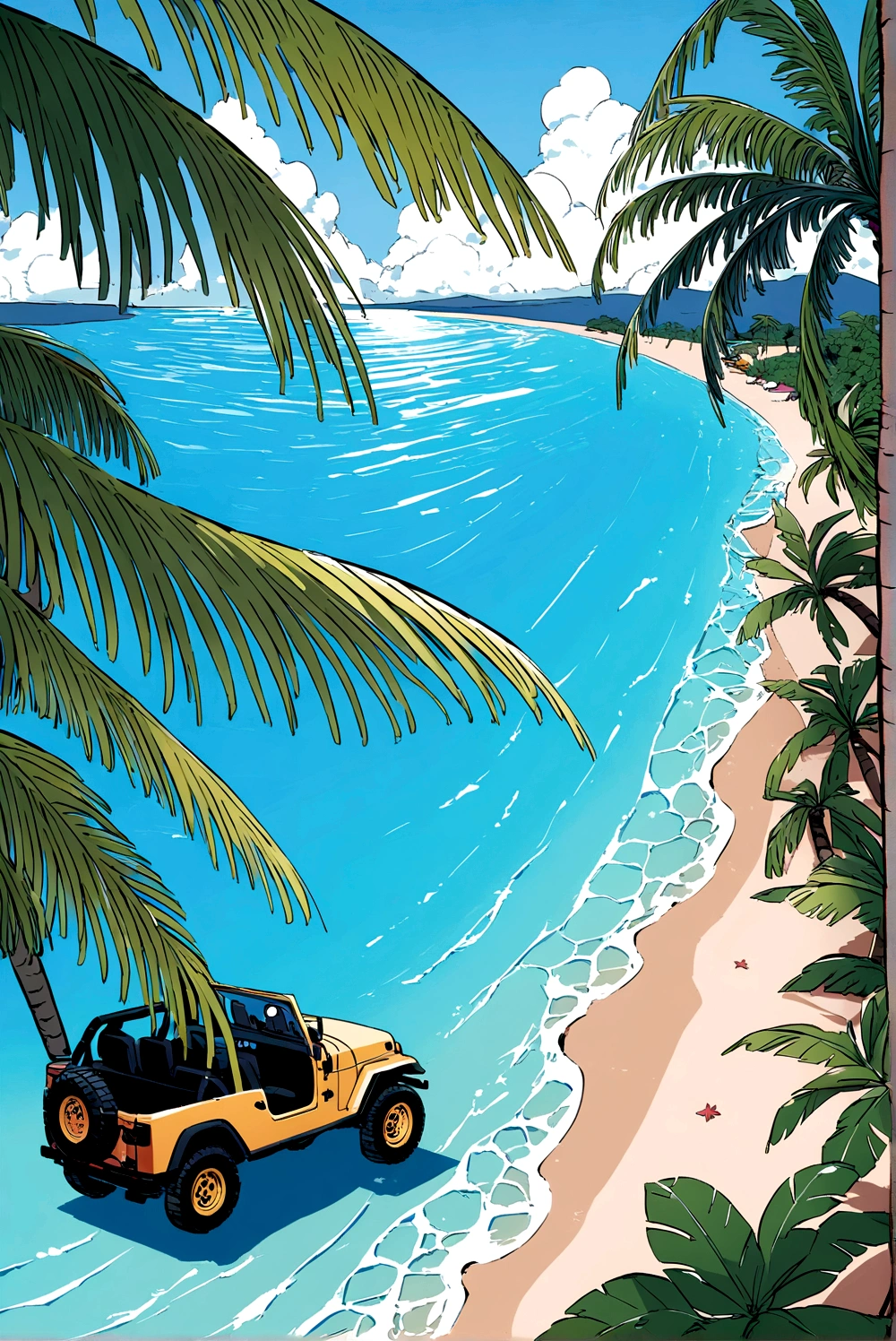 Above the upper half of the picture is a large expanse of blue sky, jeep, Palm tree,5 colors, Beach,Hawaiian style,Summer style,Bikini