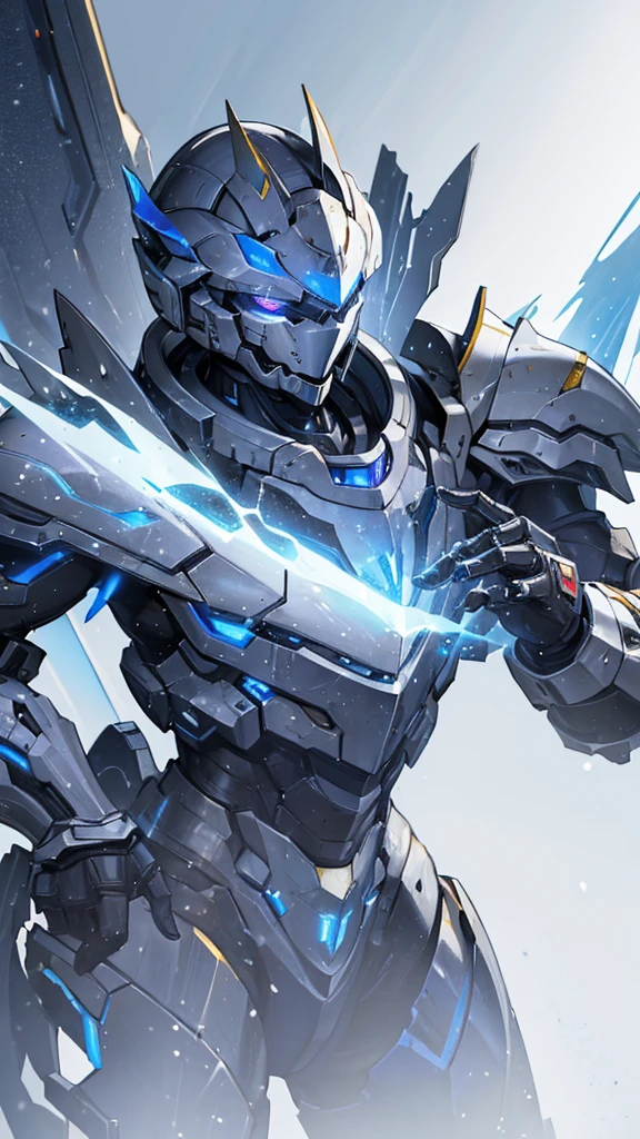 (((masterpiece))),16K,best quality,, 1 Boy, armor, bodysuit, clasped hands, full armor, luminescent, luminescent eyes, helmet, Male focus, , power armor, alone, Permanent,Snow falling all around,Doomsday,Gray mecha