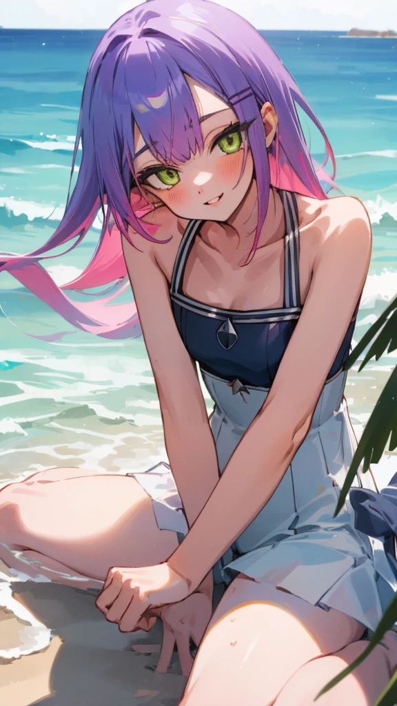 (Highest quality,4K,High resolution,masterpiece:1.2),Ultra-detailed,Physically Based Rendering,Towa Tokoyami,Beautiful and fine details,Beautifully detailed lips,Highly detailed eyes and face,Long eyelashes,anime,Swimwear,Succubus Tail,Cute smile,Tropical Beach,Clear blue sky,Sandy Beach,Palm tree,sparkling sea,Soft golden sunshine,Bright color penumbra,Gentle Light,Faint shadows,Breeze,Crystal clear water,Smooth and shiny hair,Playful expressions,Fun atmosphere