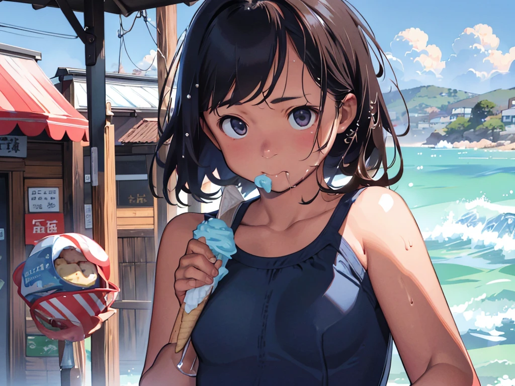 some Girls、12 years old、Ocean、Sandy Beach、Summer sun、School Swimsuit、slender、Detailed face、Detailed Hair、Clear skin、Looking at this、Whole body composition、Shot from below、Wet body、Chewing ice cream、Eating ice cream、The ice cream is melting、Ice cream is dripping