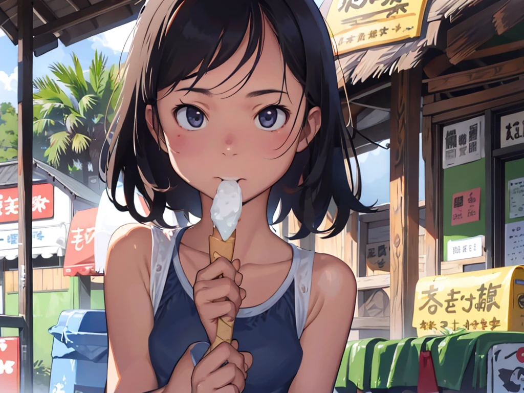 some Girls、、Ocean、Sandy Beach、Summer sun、School Swimsuit、slender、Detailed face、Detailed Hair、Clear skin、Looking at this、Whole body composition、Shot from below、Wet body、Chewing ice cream、Eating ice cream、The ice cream is melting、Ice cream is dripping