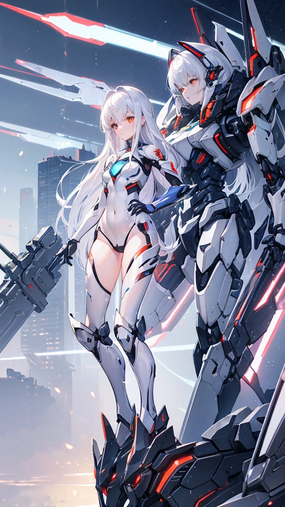 ((girl, Mecha)), glowing eyes, delicate face, broken armor, Mechanical aura, Mechanical arm, white hair, long hair, Ceramic body, Thigh gap, Small chest, Internet background, Very good city, (translucent, Reflective Skin), 8K, best quality, Super detailed, (Surrealism: 1.4),  