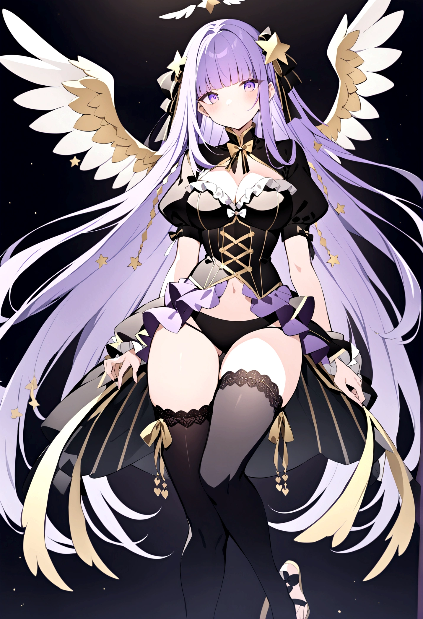 This character is a beautifully designed anime-like character with delicate features. She has long pastel purple hair that flows down to her ankles, and her bangs are swept to the side. Her eyes are large and expressive, with pink irises often seen on anime-style characters. She wears a fantasy-inspired outfit that combines purple and black colors with gold accents. The outfit includes a fitted bodice with a high collar, ruffles, lace detailing, and ribbon-knit thigh-high stockings. Characters are decorated with ribbon-like accessories, such as large ribbons in their hair and small ribbons in their costumes. She also has gold chains dangling from her hips and thighs. She is wearing a swimsuit, which often features frills and purple. It was midnight, and the darkness of the night highlighted the yellow stars. Her back is one-sided with angel wings.