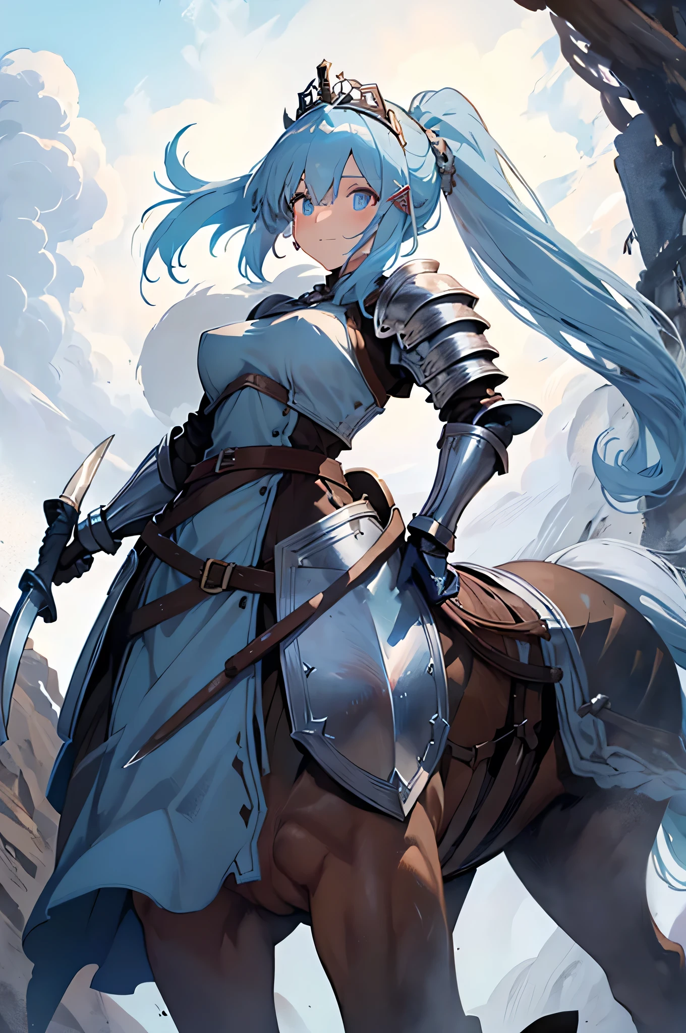 4K,High resolution,One Woman,centaur,White light blue hair,Long Ponytail,Brown fur,Princess Knight,knight dress,knight armor,Heavy Armor,Full Armor,Princess Tiara,hair band,Jewelry decoration,Long sword,Medieval village