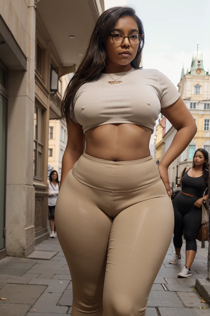 , teen, Asian, cute, glasses, brown skin, tanned, voluptuous, curvy, chubby, very wide hips, thick thighs, slim waist, leggings, crop top, Prague street