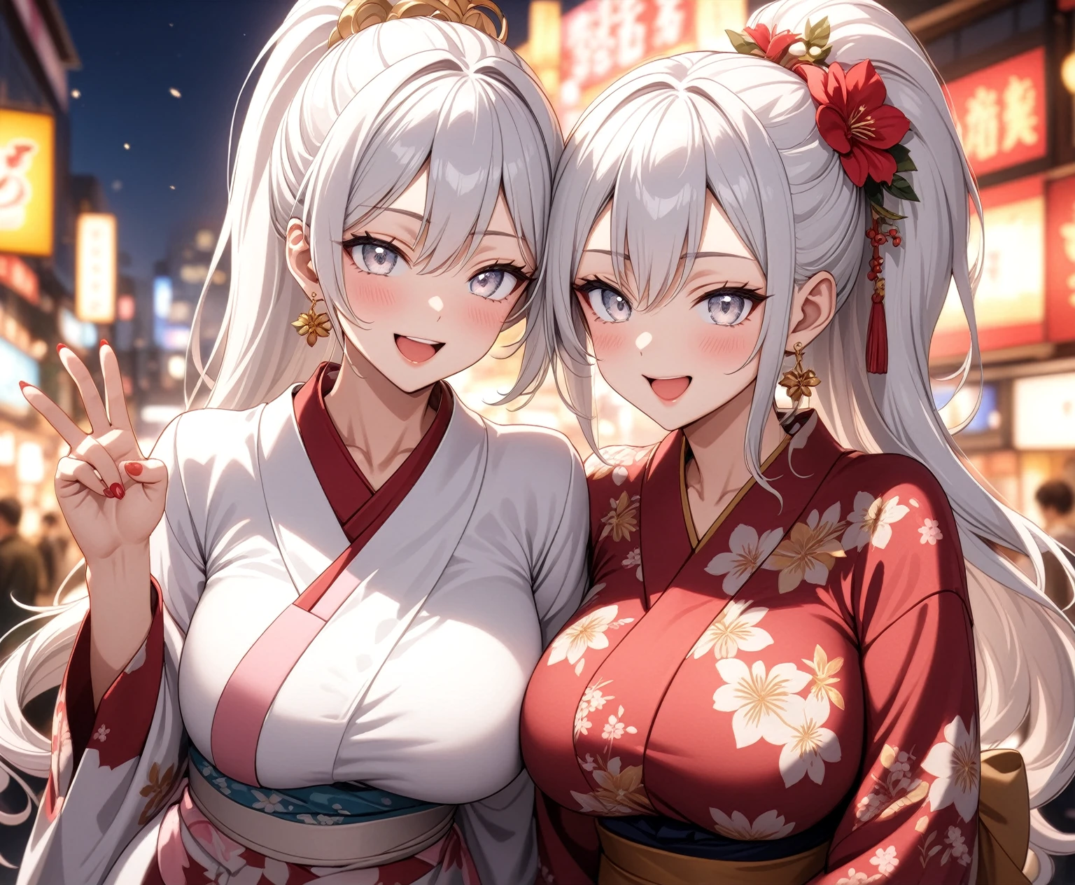 ((Two Women)), Beautiful Face, (Laughing embarrassedly), ((laugh)), ((Wink:1.8)), ((hug from behind)), Laugh with your mouth wide open,((Bright red cheeks:1.4)),Shiny red lips, night,横浜のnight景,You can see the ocean, firework,,Glossy pink lips,Facial lighting,((Anime style background)),masterpiece, Highest quality, so beautiful,up to date, Complex details, (4fingers and 1thumbs), (Pink long nails), (ring),(bracelet),(choker),AI-generated, Complex,High resolution, Highest quality, super high quality,3D Images、3D Images,One person,Long white hair in a high ponytail,Long blonde hair high ponytail,(blue eyes),Anime woman posing for a photo, ((Fine grain、Silvery white eyes、Shining Eyes:1.4)), (Squint your eyes:1.1),a hyperRealistic , hyperRealistic , Realistic,Anime woman with long white hair, Smooth anime CG art, A woman in a colorful kimono with gold embroidery, (Black long sleeve kimono),(Pink long sleeve kimono), Red floral pattern,Long flower hair ornament,Earrings,Mature Body,(Big Breasts:1.1),Tall,Abdominal muscles,Narrow waist, (Zoom in on face),