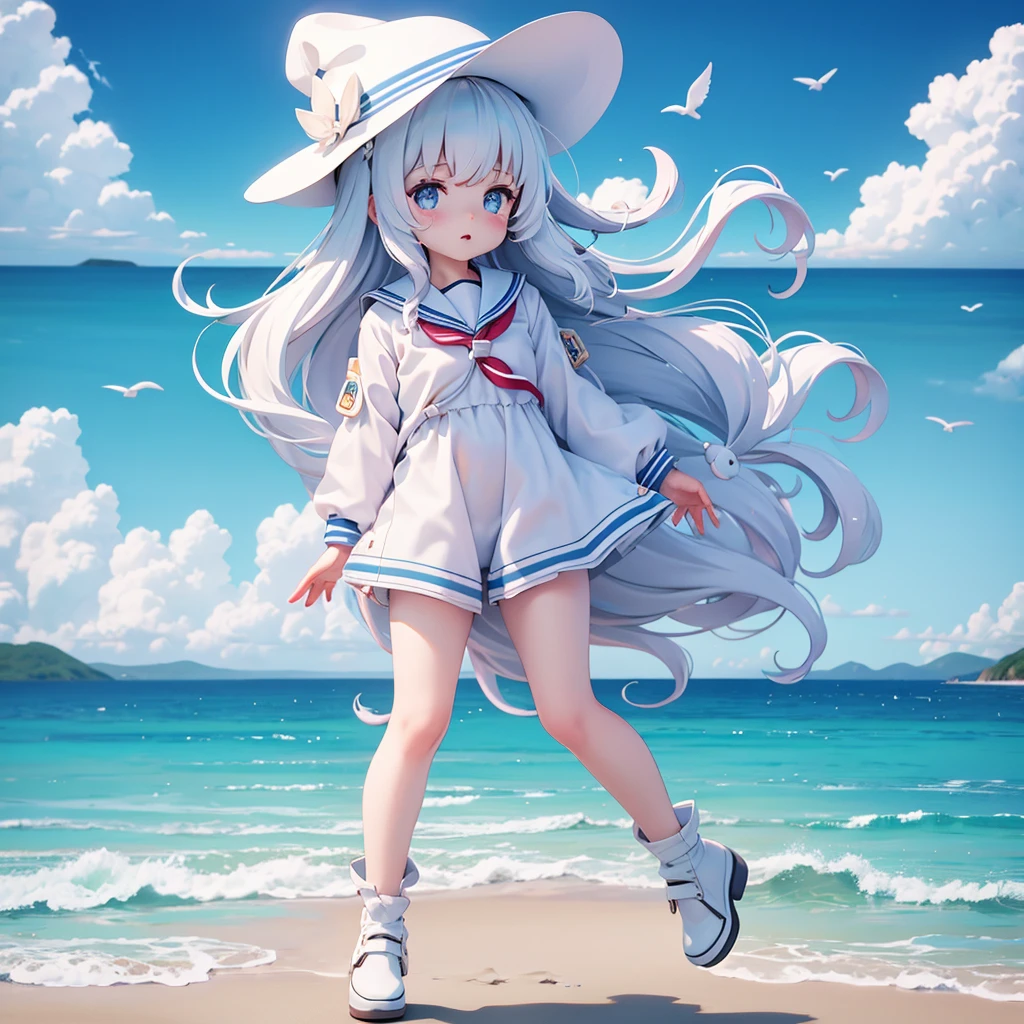 translucent sailor suit、Seaside、Highest quality、the wind is strong