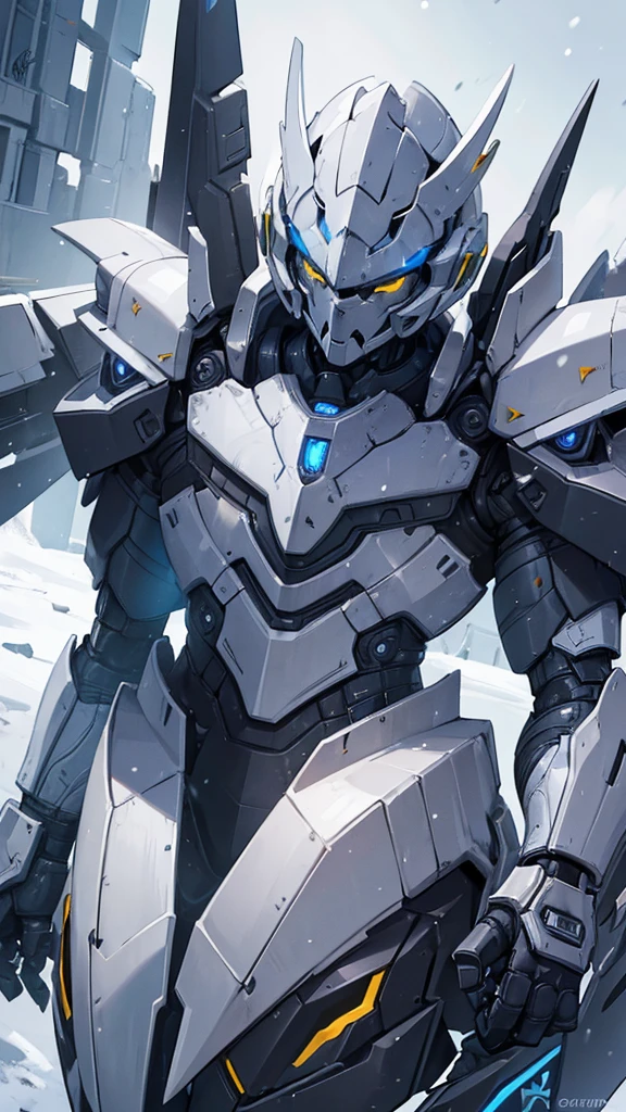 (((masterpiece))),16K,best quality,, 1 Boy, armor, , clasped hands, full armor, luminescent, luminescent eyes, helmet, Male focus, , power armor, alone, Permanent,Snow falling all around，Doomsday，Gray mecha，urban ruins