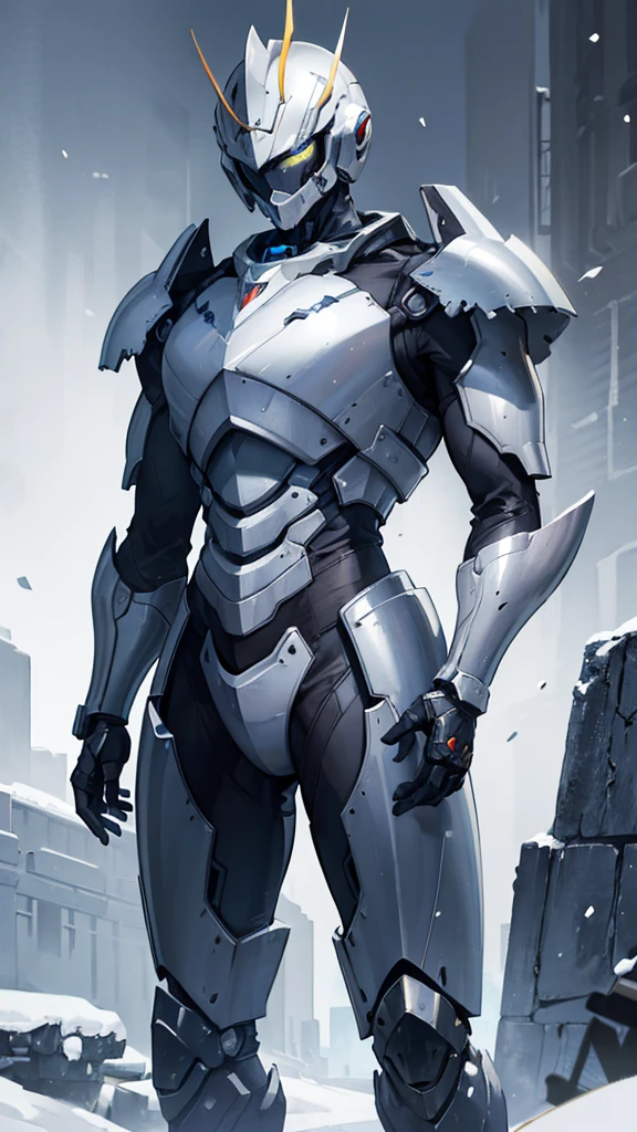 (((masterpiece))),16K,best quality,, 1 Boy, armor, bodysuit, clasped hands, full armor, luminescent, luminescent eyes, helmet, Male focus, , power armor, alone, Permanent,Snow falling all around，Doomsday，Gray mecha，urban ruins