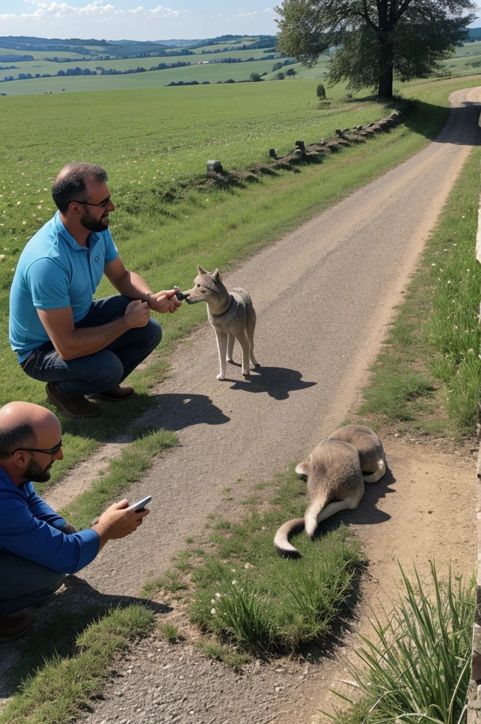 Un papa loup protège son bébé dans un paysage montagneux