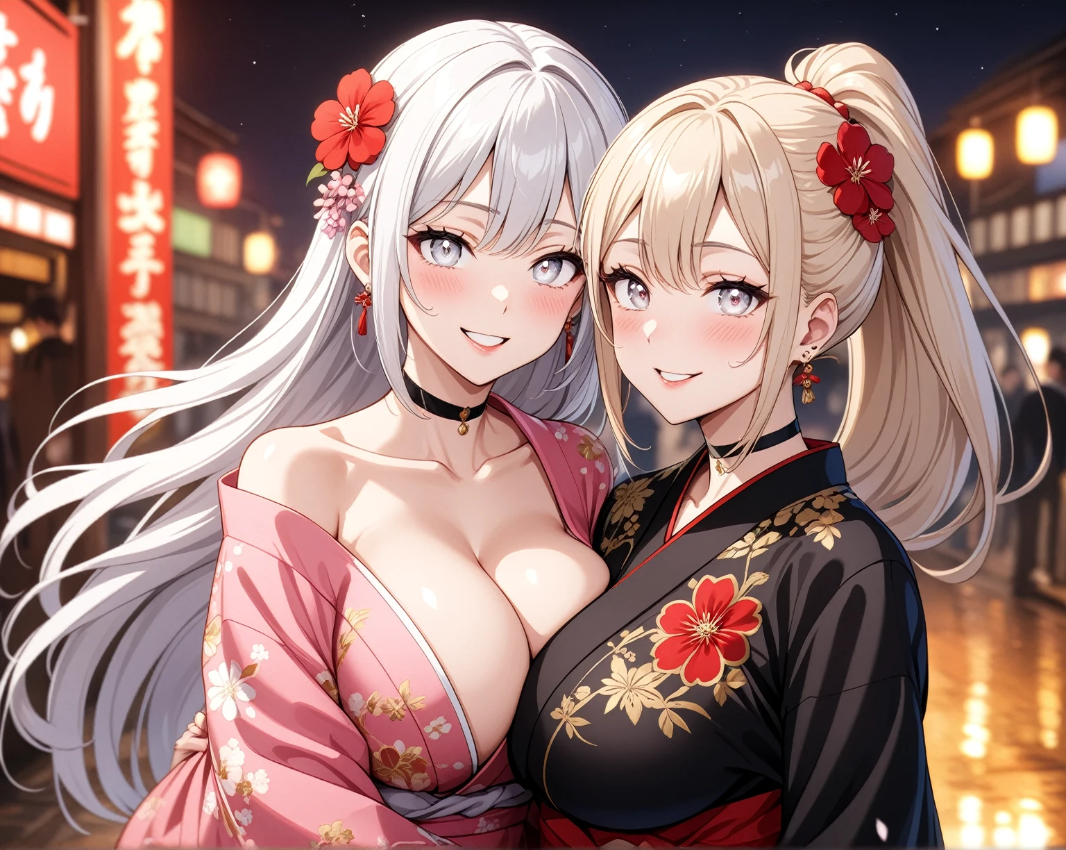 ((Two Women)), Beautiful Face, (Laughing embarrassedly), ((laugh)), ((Wink:1.8)), ((hug from behind)), Laugh with your mouth wide open,((Bright red cheeks:1.4)),Shiny red lips, night,横浜のnight景,You can see the ocean, firework,Glossy pink lips,Facial lighting,((Anime style background)),masterpiece, Highest quality, so beautiful,up to date, Complex details, (4fingers and 1thumbs), (Pink long nails), (ring),(bracelet),(choker),AI-generated, Complex,High resolution, Highest quality, super high quality,3D Images、3D Images,One person,Long white hair in a high ponytail,Long blonde hair in a high ponytail,(blue eyes),Anime woman posing for a photo, ((Fine grain、Silvery white eyes、Shining Eyes:1.4)), (Squint your eyes:1.1),a hyperRealistic , hyperRealistic , Realistic,Anime woman with long white hair, Smooth anime CG art, A woman in a colorful kimono with gold embroidery, (Black long sleeve kimono),(Pink long sleeve kimono), Red floral pattern,Long flower hair ornament,Earrings,Mature Body,(Big Breasts:1.1),Tall,Abdominal muscles,Narrow waist,(Zoom in on face),