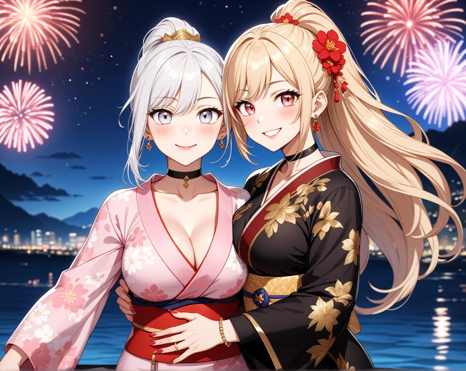 ((Two Women)), Beautiful Face, (Laughing embarrassedly), ((laugh)), ((Wink:1.8)),  ((hug from behind)), Laugh with your mouth wide open,((Bright red cheeks:1.4)),Shiny red lips, night,横浜のnight景,You can see the ocean, firework,Glossy pink lips,Facial lighting,((Anime style background)),masterpiece, Highest quality, so beautiful,up to date, Complex details, (4fingers and 1thumbs), (Pink long nails), (ring),(bracelet),(choker),AI-generated, Complex,High resolution, Highest quality, super high quality,3D Images、3D Images,One person,Long white hair in a high ponytail,Long blonde hair in a high ponytail,(blue eyes),Anime woman posing for a photo, ((Fine grain、Silvery white eyes、Shining Eyes:1.4)), (Squint your eyes:1.1),a hyperRealistic , hyperRealistic , Realistic,Anime woman with long white hair, Smooth anime CG art, A woman in a colorful kimono with gold embroidery, (Black long sleeve kimono),(Pink long sleeve kimono), Red floral pattern,Long flower hair ornament,Earrings,Mature Body,(Big Breasts:1.1),Tall,Abdominal muscles,Narrow waist,(Zoom in on face), 