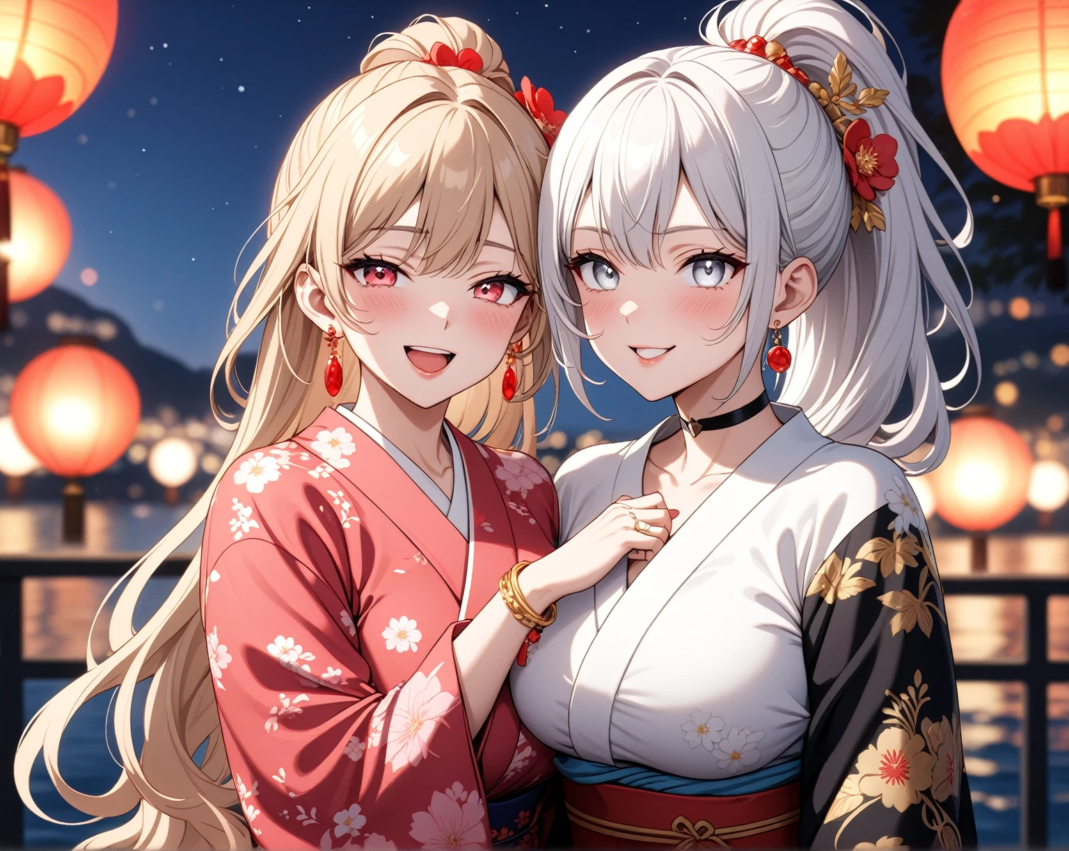 ((Two Women)), Beautiful Face, (Laughing embarrassedly), ((laugh)), ((Wink:1.8)), ((hug from behind)), Laugh with your mouth wide open,((Bright red cheeks:1.4)),Shiny red lips, night,横浜のnight景,You can see the ocean, firework,Glossy pink lips,Facial lighting,((Anime style background)),masterpiece, Highest quality, so beautiful,up to date, Complex details, (4fingers and 1thumbs), (Pink long nails), (ring),(bracelet),(choker),AI-generated, Complex,High resolution, Highest quality, super high quality,3D Images、3D Images,One person,Long white hair in a high ponytail,Long blonde hair in a high ponytail,(blue eyes),Anime woman posing for a photo, ((Fine grain、Silvery white eyes、Shining Eyes:1.4)), (Squint your eyes:1.1),a hyperRealistic , hyperRealistic , Realistic,Anime woman with long white hair, Smooth anime CG art, A woman in a colorful kimono with gold embroidery, (Black long sleeve kimono),(Pink long sleeve kimono), Red floral pattern,Long flower hair ornament,Earrings,Mature Body,(Big Breasts:1.1),Tall,Abdominal muscles,Narrow waist,(Zoom in on face),