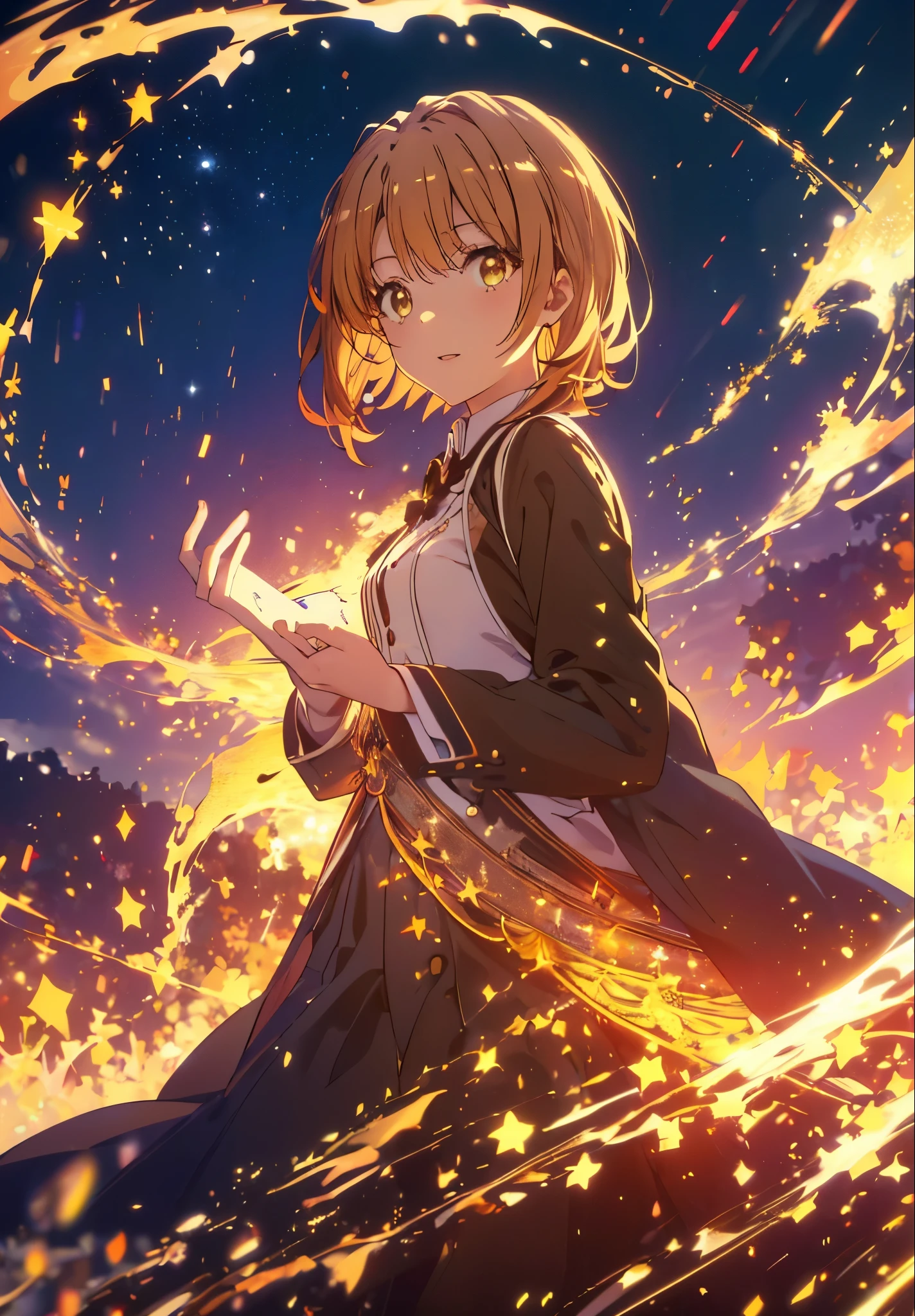 Irohaisshiki, isshiki iroha, short hair, Brown Hair, (Brown eyes:1.5), smile,Open your mouth,((Night Sky)),((Big full moon)),((Sparkling and colorful stars)),Fluffy hair,((Idol style costume with soft volume)),Long skirt,((witch)),Has a jeweled wand,
break outdoors, forest,forest
break looking at viewer,Upper Body,
break (masterpiece:1.2), Highest quality, High resolution, unity 8k wallpaper, (shape:0.8), (Narrow and beautiful eyes:1.6), Highly detailed face, Perfect lighting, Highly detailed CG, (Perfect hands, Perfect Anatomy),