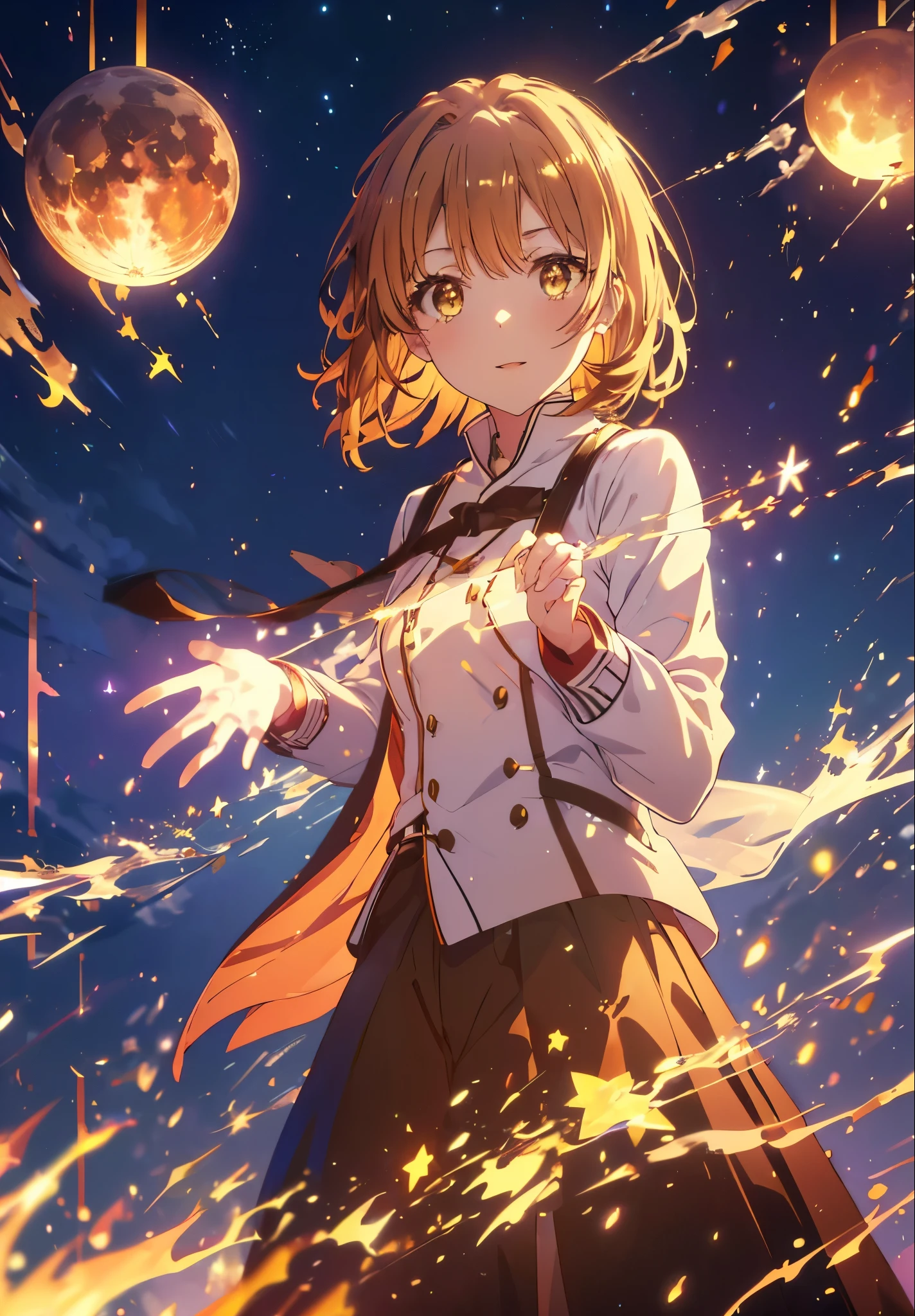 Irohaisshiki, isshiki iroha, short hair, Brown Hair, (Brown eyes:1.5), smile,Open your mouth,((Night Sky)),((Big full moon)),((Sparkling and colorful stars)),Fluffy hair,((Idol style costume with soft volume)),Long skirt,((witch)),Has a jeweled wand,
break outdoors, forest,forest
break looking at viewer,Upper Body,
break (masterpiece:1.2), Highest quality, High resolution, unity 8k wallpaper, (shape:0.8), (Narrow and beautiful eyes:1.6), Highly detailed face, Perfect lighting, Highly detailed CG, (Perfect hands, Perfect Anatomy),