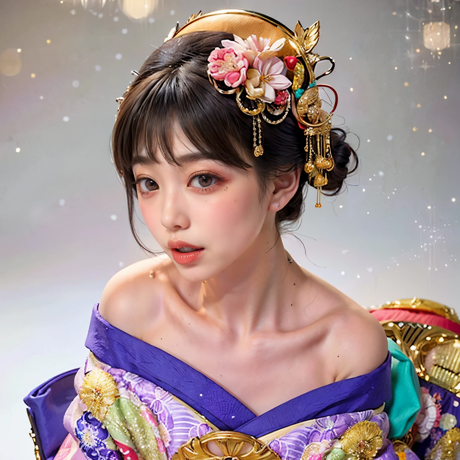 (PUNIPUNI clavicle KIMONO ((offshoulder)) KANZASHI FlowerHairpins Topknot TwinBun Oiran-Hair)High-level, 8K Masterpiece TopQuality, Ultra-detailed CG, Absurd detailed wallpaper, PerfectLighting, Extremely detailed (((Personifying " OIRAN " as a KAWAII Girl))), Characteristic Items, aesthetic LifeLike Rendering, MysticSight, Haze Tyndall Scattering, (Studio GRAY Background with (Oodles Dazzling Iridescent 🌈Particles (BokeH))), (((Assfocus)) RoundlyButt) ThighGap, (Exposed:0.44) 🔞 BREAK (Acutance:0.8), (NOGIZAKA FaceVariations) Extremely Detailed very KAWAII FaceVariations, Childish CaptivatingGaze ElaboratePupils ParfectEyes with (SparklingHighlights:1.28), (Voluminous LongEyelashes:0.88), 💄💋✨ GlossyRedLips with BeautifulDetails, CoquettishTongue, PUNIPUNI RosyCheeks, Radiant PearlSkin with Transparency, Glowing DowneyHair . { (Dynamic LifeLike expressions:1.4) | (:d) }, (large eyes:-1) .