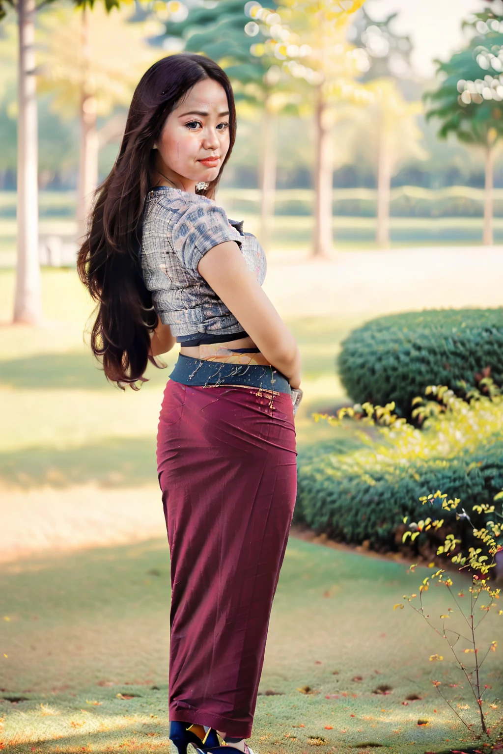 arafed asian woman in a satin dress standing in front of a crowd, (((full body view:2))), ((pretty lady MoonLay:1.2)), (pretty lady MoonLay), ((((pretty lady MoonLay's innocent cute face and cute small smile:1.3)))), ((random stylish seductive pose for photography:1.7)), ((wearing Myanmar traditional elegant and stylish affair:1.2)), (((super fullest wide hip:1.5))), (((super curvy buttock:1.5))), ((red satin skirt:1.6)), ((blue sandal high heel:1.3)), south east asian with square face, traditional beauty, beautiful asian girl, anime thai girl, a young beautiful asian woman, (((photorealistic background))), ((in a beautiful park with vibrant colorful trees background:1.5)), ((cinematic bokeh background blur:1.7)), (((photorealistic cloudy evening sky with golden sunlight15))), (cinematic enhance HDR portrait glow lighting))), perfect anatomy, cannon mark v, DSLR quality, (perfect anatomy), (perfect toes), (perfect hands), (realistic smartphone), (random realistic stylish seductive pose),