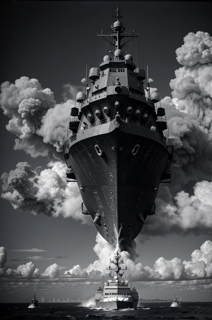 Naval war and there are battleships with black and white 144p resolution attacking and thick smoke covering the sky