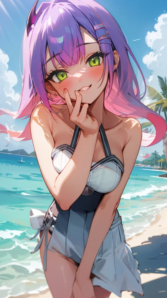 (Highest quality,4K,High resolution,masterpiece:1.2),Ultra-detailed,Physically Based Rendering,Towa Tokoyami,Beautiful and fine details,Beautifully detailed lips,Highly detailed eyes and face,Long eyelashes,anime,Swimwear,Succubus Tail,Cute smile,Tropical Beach,Clear blue sky,Sandy Beach,Palm tree,sparkling sea,Soft golden sunshine,Bright color penumbra,Gentle Light,Faint shadows,Breeze,Crystal clear water,Smooth and shiny hair,Playful expressions,Fun atmosphere