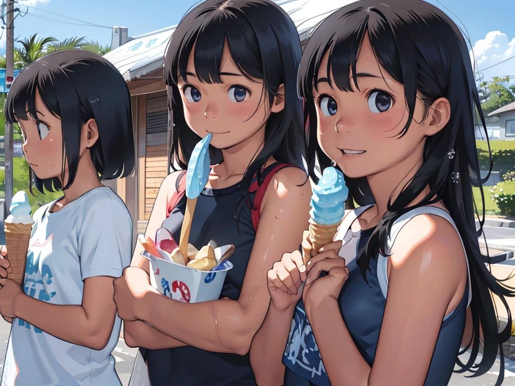 some Girls、12 years old、Ocean、Sandy Beach、Summer sun、School Swimsuit、slender、Detailed face、Detailed Hair、Clear skin、Looking at this、Whole body composition、Shot from below、Wet body、Chewing ice cream、Eating ice cream、The ice cream is melting、Ice cream is dripping