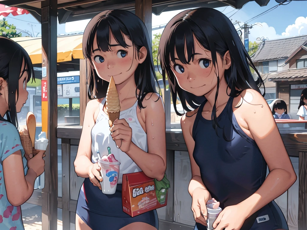 3 Girls、、Ocean、Sandy Beach、Summer sun、School Swimsuit、slender、Detailed face、Detailed Hair、Clear skin、Looking at this、Whole body composition、Shot from below、Wet body、Chewing ice cream、Eating ice cream、The ice cream is melting、Ice cream is dripping,smile