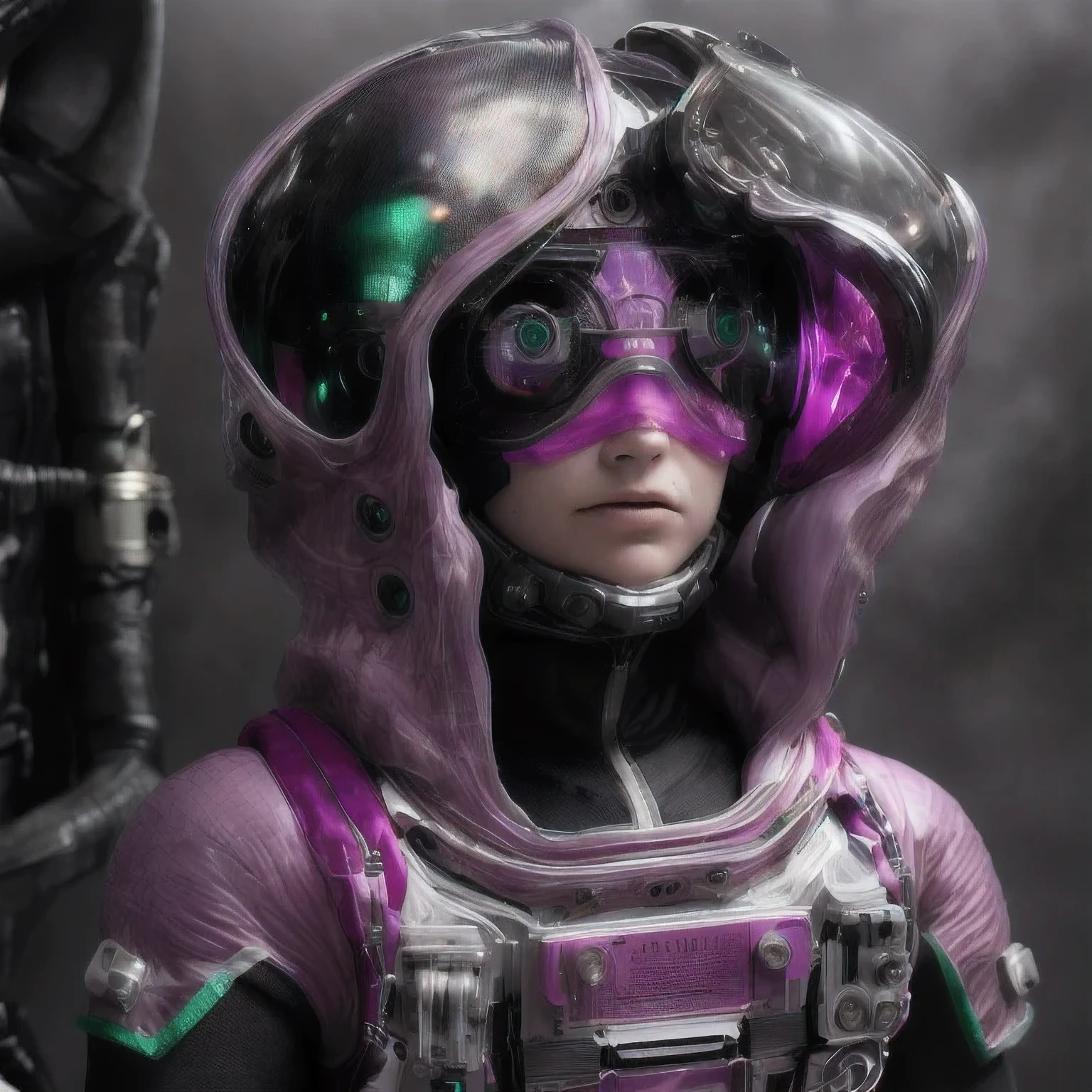 Photo of a college student, Purple Pink, Futuristic space suit, (freckle:0.8) Cute face, Science Fiction, Dystopia, Delicate eyes, Green pupils((side view))