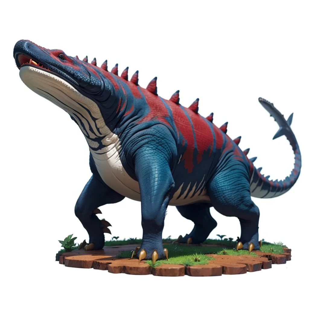 Big Animaly, has grees stripes on his skin, reds eyes, whale blue mixed with stegosaurus, Grassroots, no background