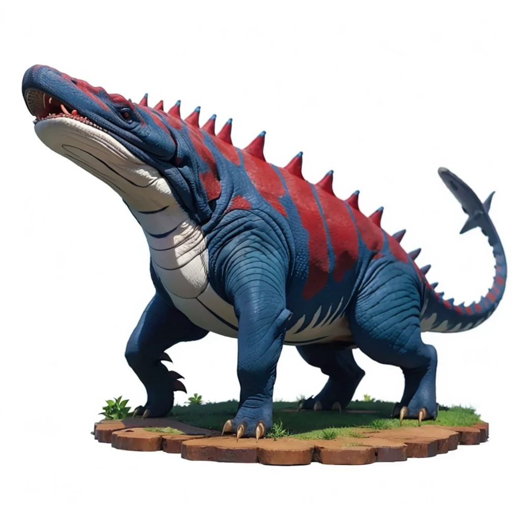 Big Animaly, has grees stripes on his skin, reds eyes, whale blue mixed with stegosaurus, Grassroots, no background