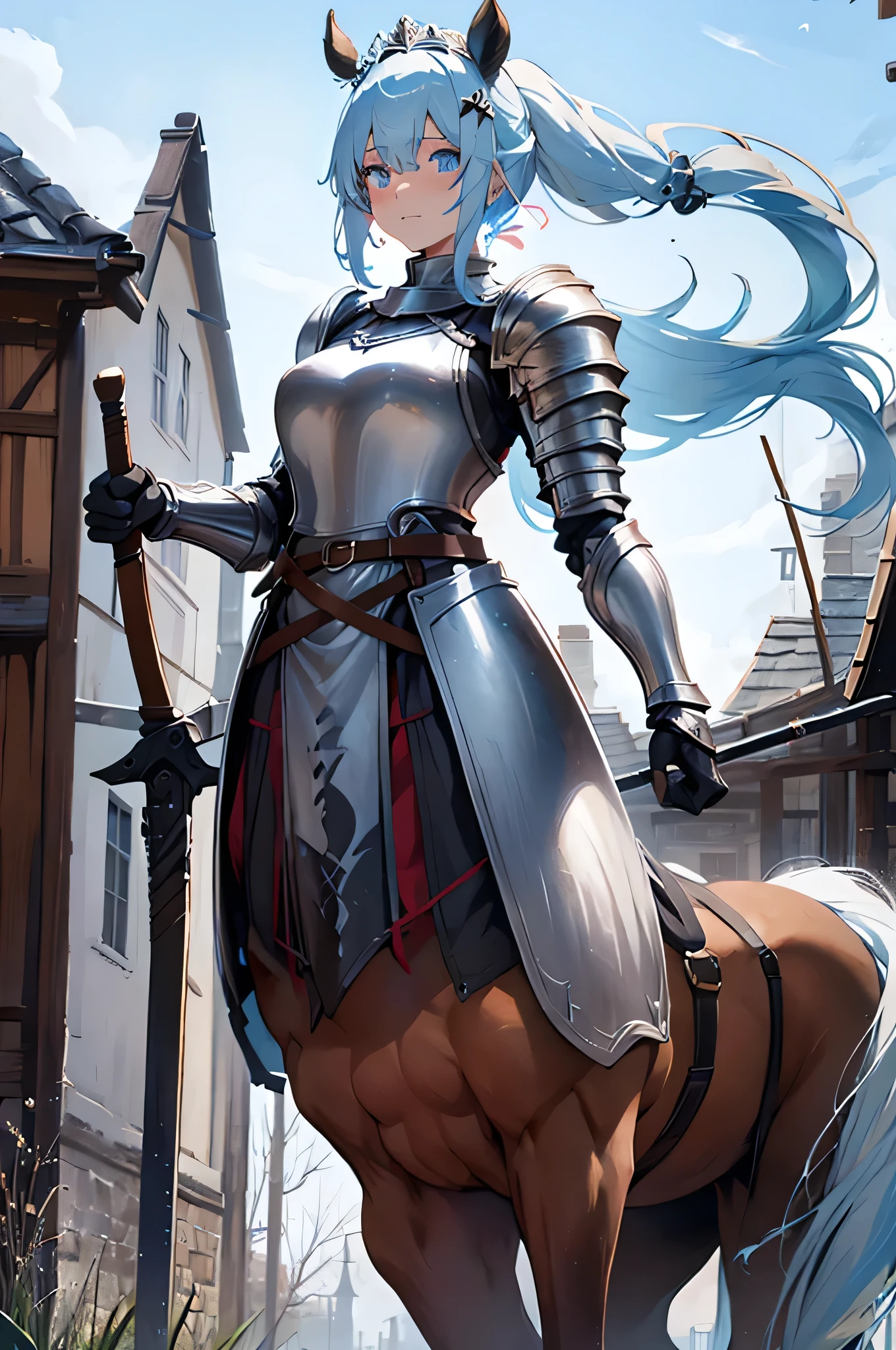 4K,High resolution,One Woman,centaur,White light blue hair,Long Ponytail,Brown fur,Princess Knight,knight dress,knight armor,Heavy Armor,Full Armor,Princess Tiara,hair band,Jewelry decoration,Long sword,Medieval village