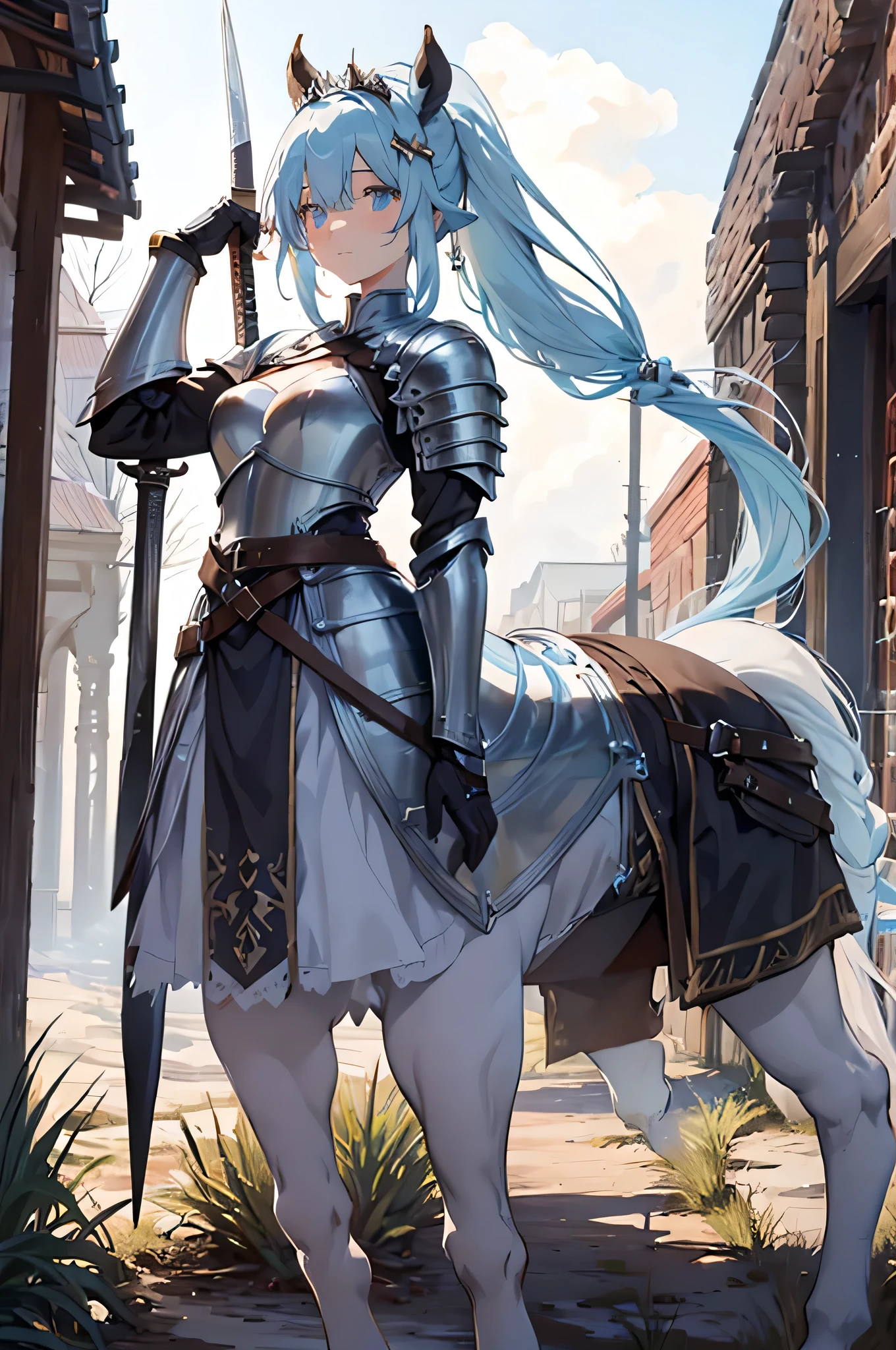 4K,High resolution,One Woman,centaur,White light blue hair,Long Ponytail,Brown fur,Princess Knight,knight dress,knight armor,Heavy Armor,Full Armor,Princess Tiara,hair band,Jewelry decoration,Long sword,Medieval village