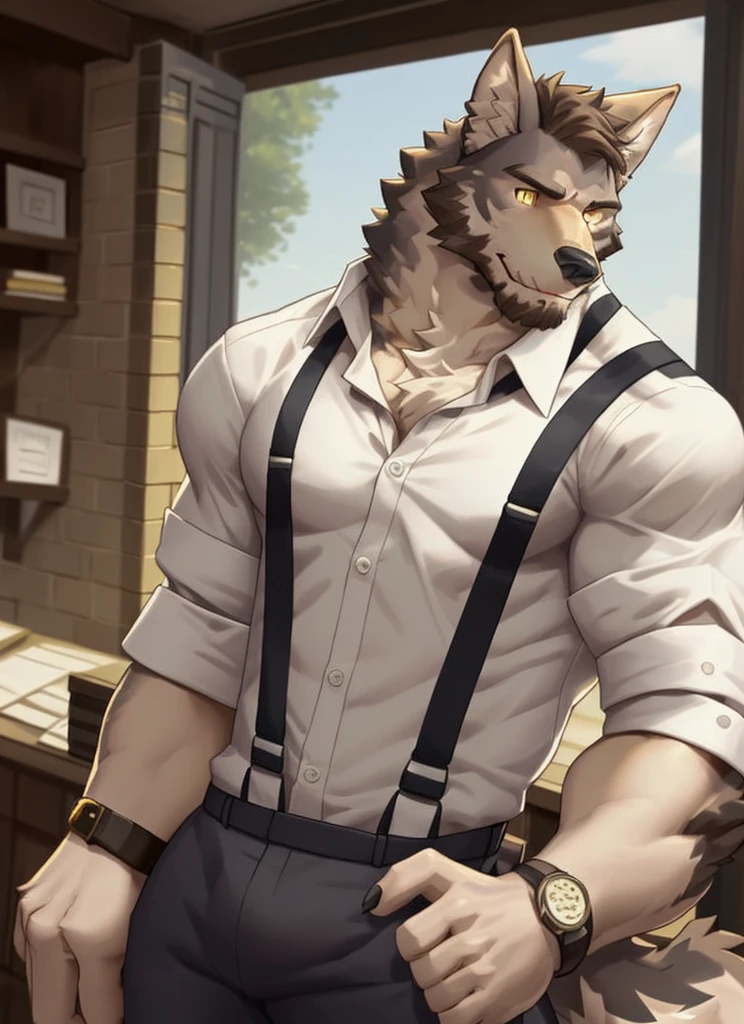 william adler, solo, shirt, 1boy, white shirt, upper body, male focus, collared shirt, pants, looking to the side, suspenders, pectorals, sleeves rolled up, watch, wristwatch, wolf ears, beard, yellow eyes, detailed eyes