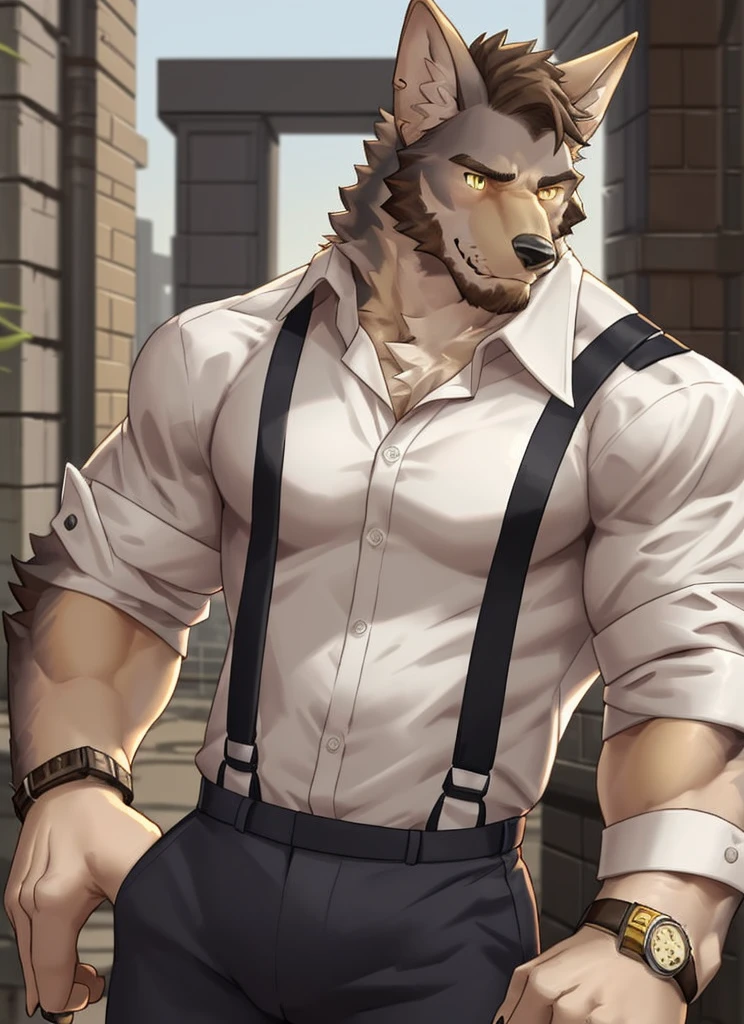 william adler, solo, shirt, 1boy, white shirt, upper body, male focus, collared shirt, pants, looking to the side, suspenders, pectorals, sleeves rolled up, watch, wristwatch, wolf ears, beard, yellow eyes, detailed eyes