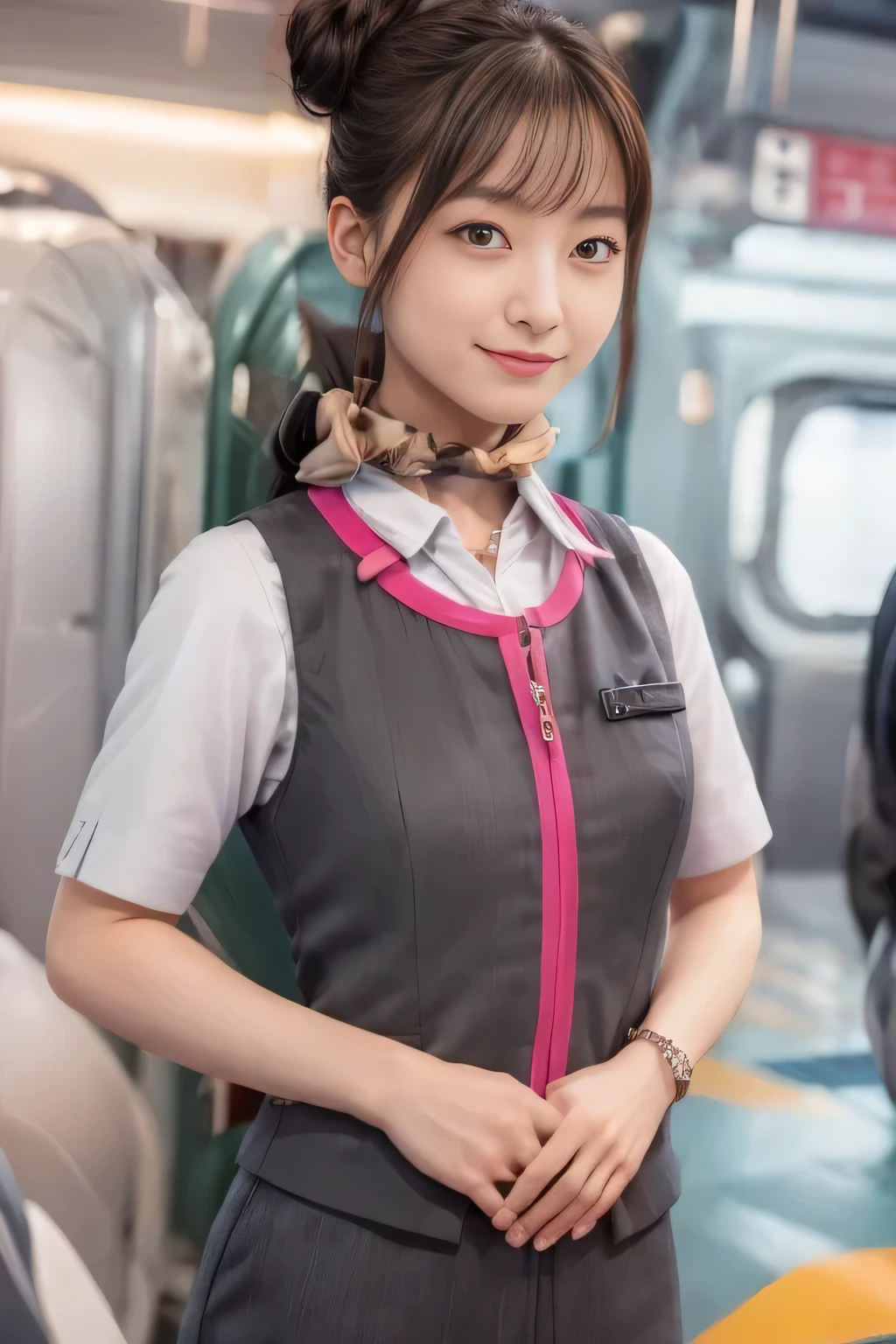 (masterpiece:1.2, Highest quality:1.2), 32k HDR, High resolution, (alone、1 Girl)、（Ride the bullet train、Professional Lighting）、Background in the car、（Realistic style of JR Gran Class crew uniform）、Short sleeve blouse、a scarf around the neck、（JR Gran Class flight attendant uniform with pink parts on the skirt sleeves）、（The uniform of a flight attendant in JR Gran Class has a pink line on the front zipper of the vest.）、Dark brown hair、（Hair tied up、Hair Bun、Hair Bun）、Dark brown hair、Long Shot、Big Breasts、（（Great hands：2.0）），（（Harmonious body proportions：1.5）），（（Normal limbs：2.0）），（（Normal finger：2.0）），（（Delicate eyes：2.0）），（（Normal eyes：2.0））)、Luxury Necklace、smile、Beautiful standing posture,