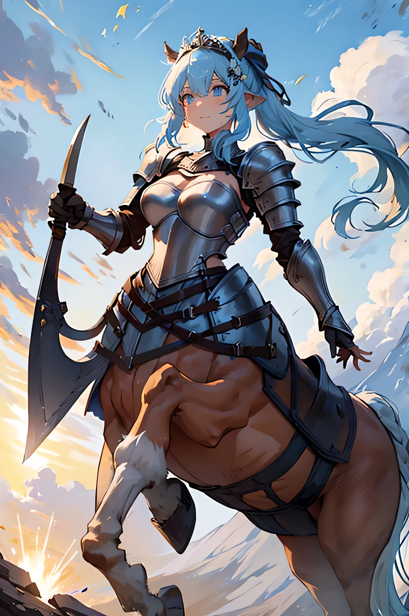 4K,High resolution,One Woman,centaur,White light blue hair,Long Ponytail,Brown fur,Princess Knight,knight dress,knight armor,Heavy Armor,Full Armor,Princess Tiara,hair band,Jewelry decoration,Long sword,Medieval village