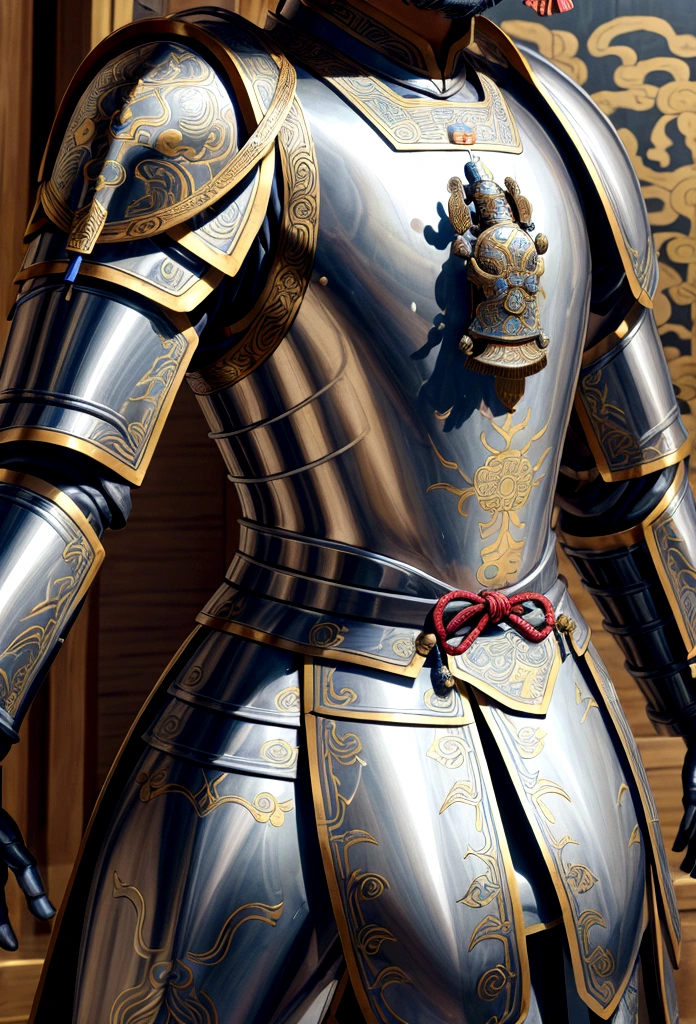 Close up of statue of man in armor, Chinese armor, full traditional Chinese armor, Chinese Warrior, highly detailed armor, decorative armor, detailed armor, elaborate bronze armor, Inspired by Emperor Xuande, ancient armor, Guan Yu, Intricate armor details, Zhaoyun, Photogenic details on the armor, historical armor, wearing colorful armor, decorated armor