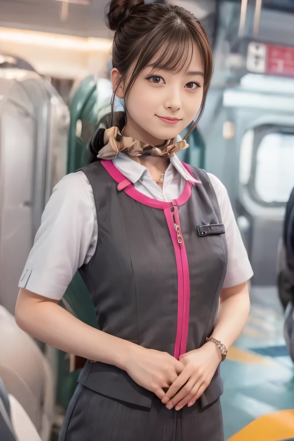 (masterpiece:1.2, Highest quality:1.2), 32k HDR, High resolution, (alone、1 Girl)、(Ride the bullet train、Professional Lighting)、Background in the car、(Realistic style of JR Gran Class crew uniform)、Short sleeve blouse、a scarf around the neck、(JR Gran Class flight attendant uniform with pink parts on the skirt sleeves)、(The uniform of a flight attendant in JR Gran Class has a pink line on the front zipper of the vest.)、Dark brown hair、(Hair tied up、Hair Bun、Hair Bun)、Dark brown hair、Long Shot、Big Breasts、((Great hands:2.0)),((Harmonious body proportions:1.5)),((Normal limbs:2.0)),((Normal finger:2.0)),((Delicate eyes:2.0)),((Normal eyes:2.0)))、Luxury Necklace、smile、Beautiful standing posture,