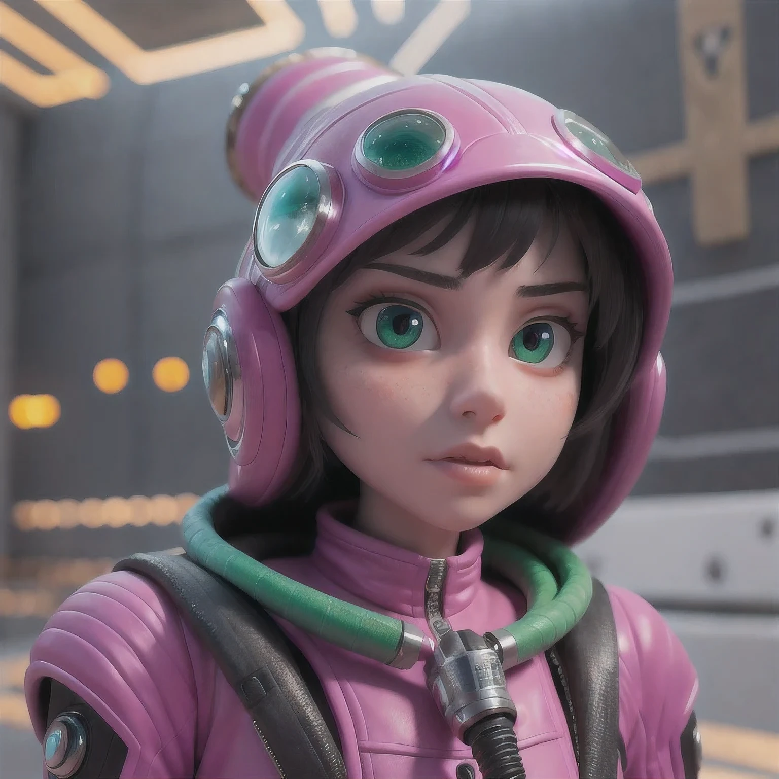 Photo of a college student, Purple Pink, Futuristic space suit, (freckle:0.8) Cute face, Science Fiction, Dystopia, Delicate eyes, Green pupils（（side view））